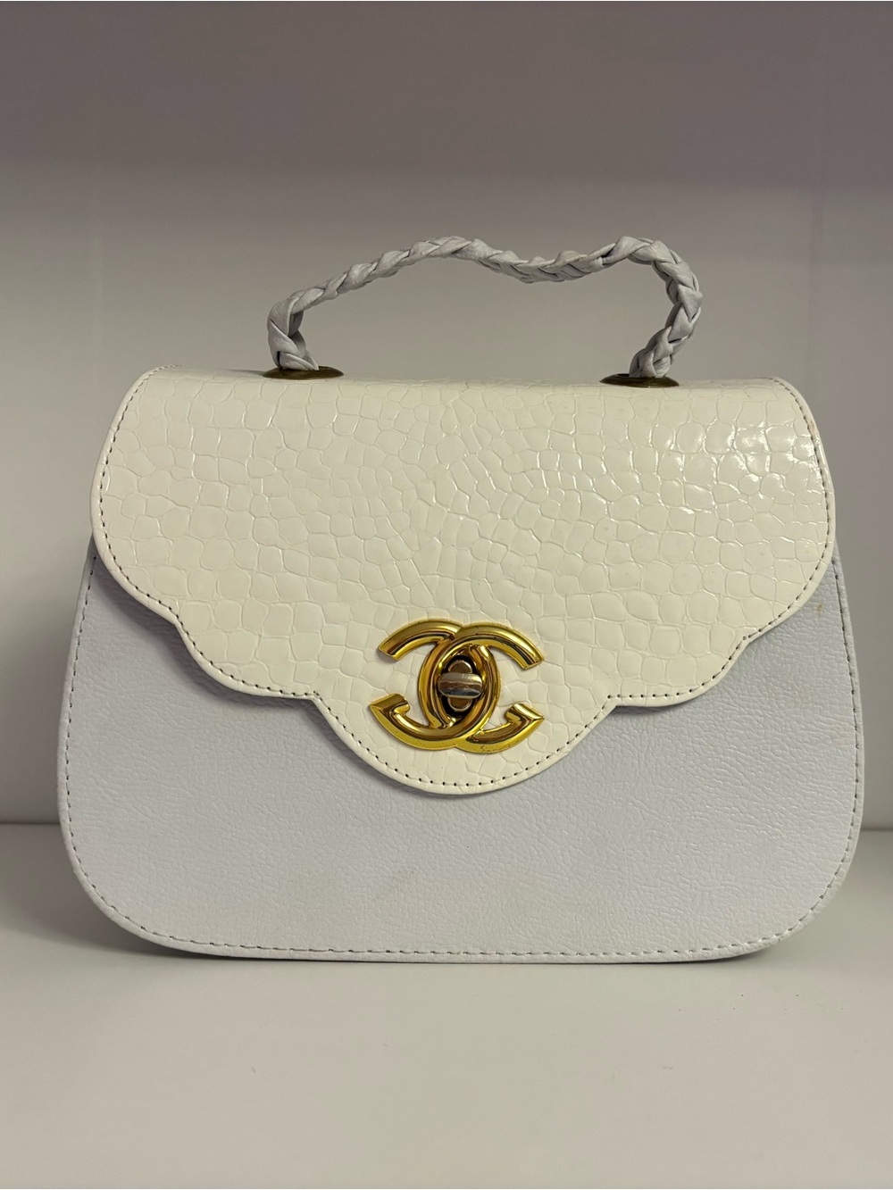White Two-Tone Scalloped Top Handle Satchel with Gold Hardware